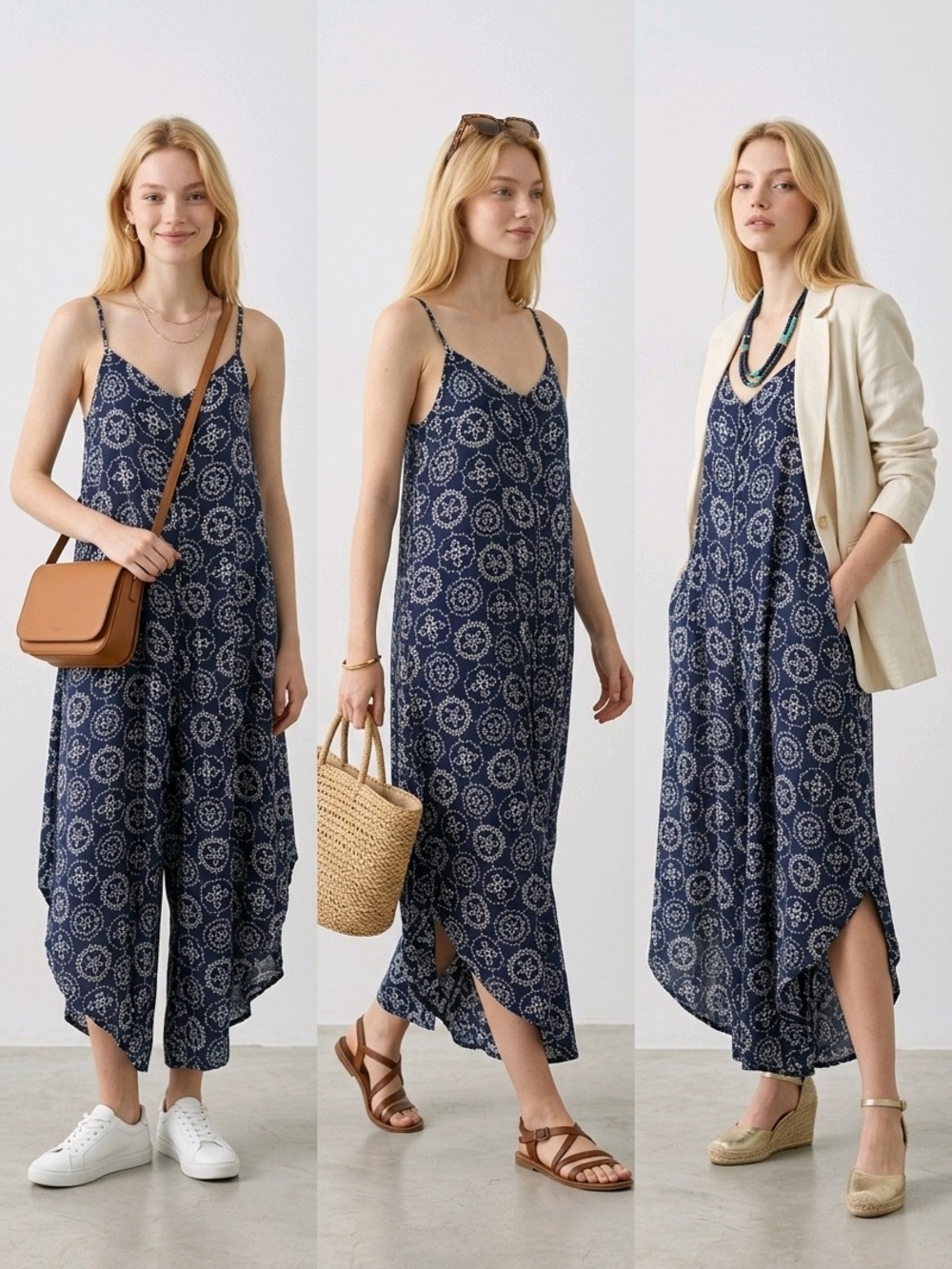 Vince Camuto Navy Blue Printed Spaghetti-Strap Jumpsuit